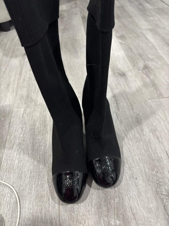CHANEL Shoes - CHANEL Black Stretch Sock Boots with Glossy Patent Cap Toe